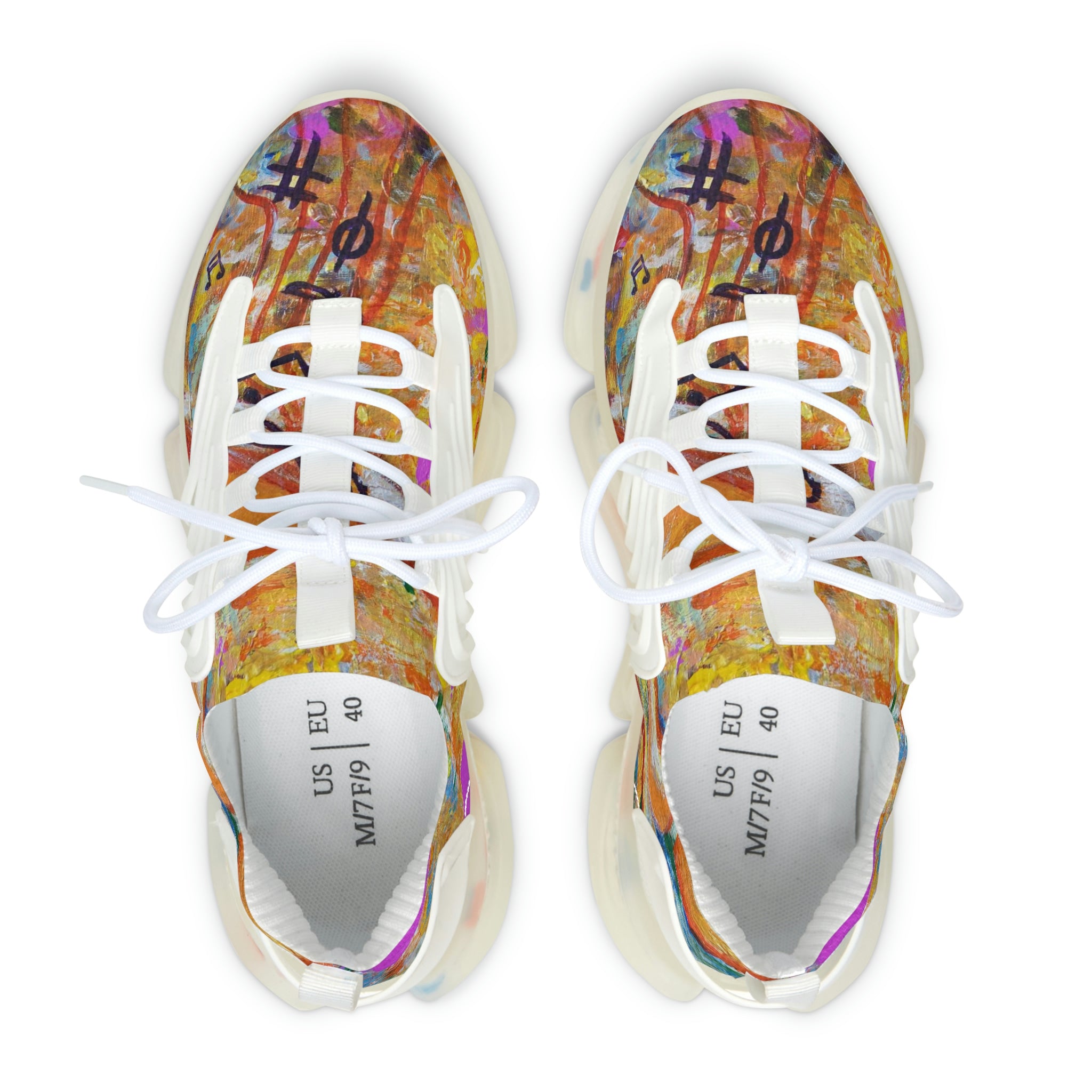 Mesh Women's Low Top Sneakers, Art On Shoes, Gold Colors Of Abstract Meadow With FlowersPainted By A Professional Abstract Painting Artist