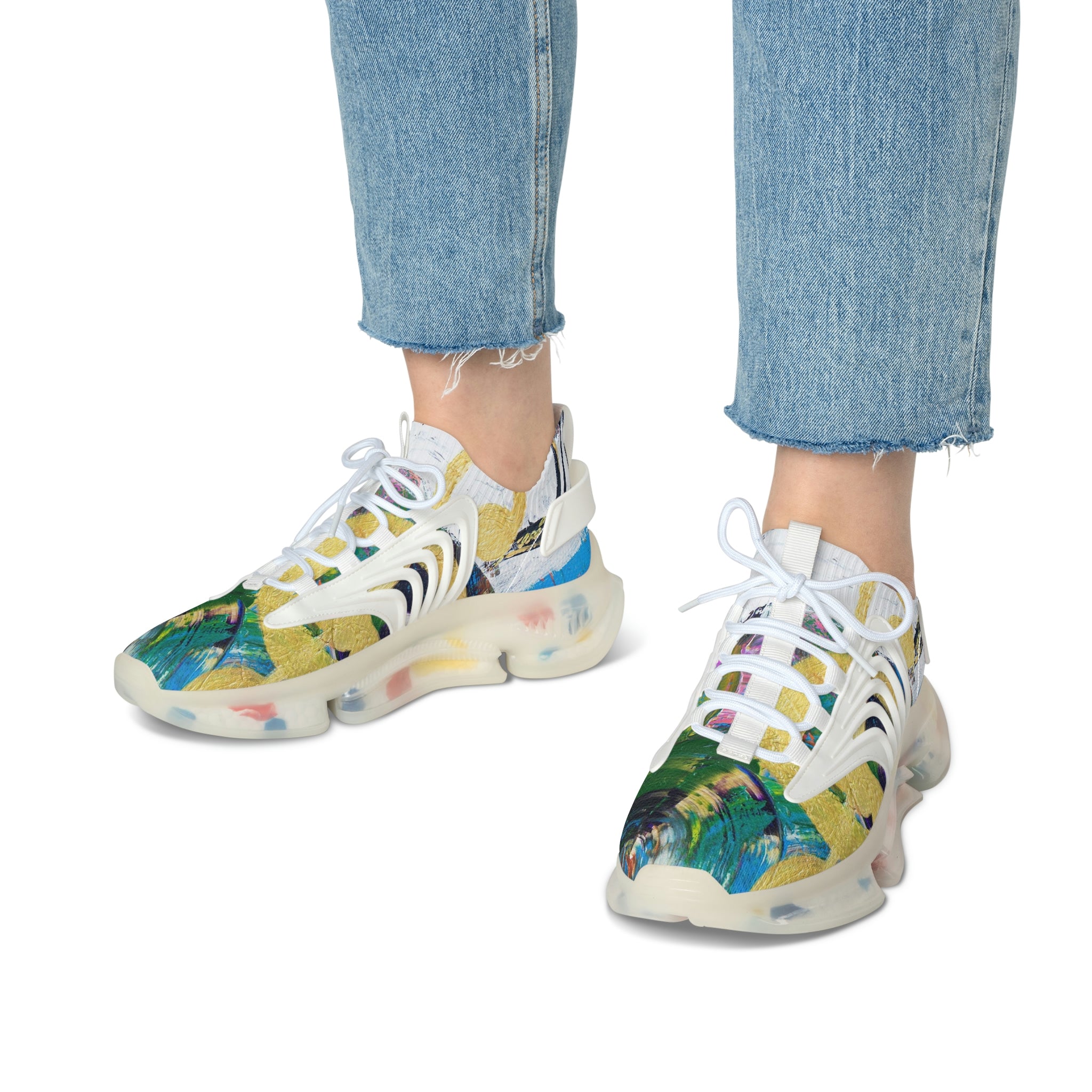 Mesh Women's Low Top Sneakers, Art On Shoes, Abstract Music Perception Painted By A Professional Abstract Painting Artist