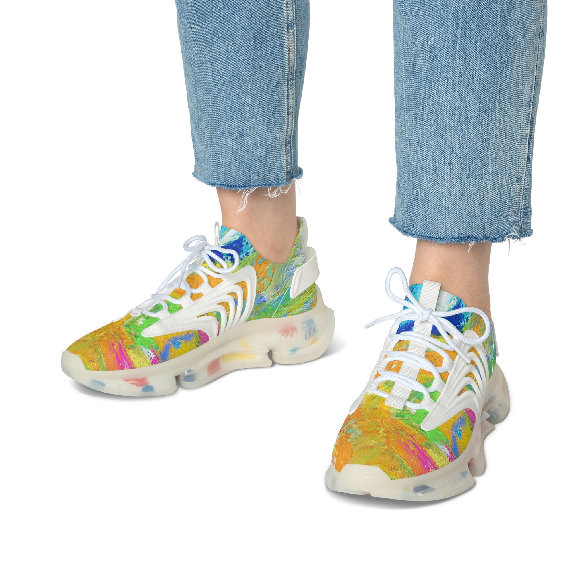 Mesh Women's Low Top Sneakers, Art On Shoes, Abstract Planets Painted By A Professional Abstract Painting Artist