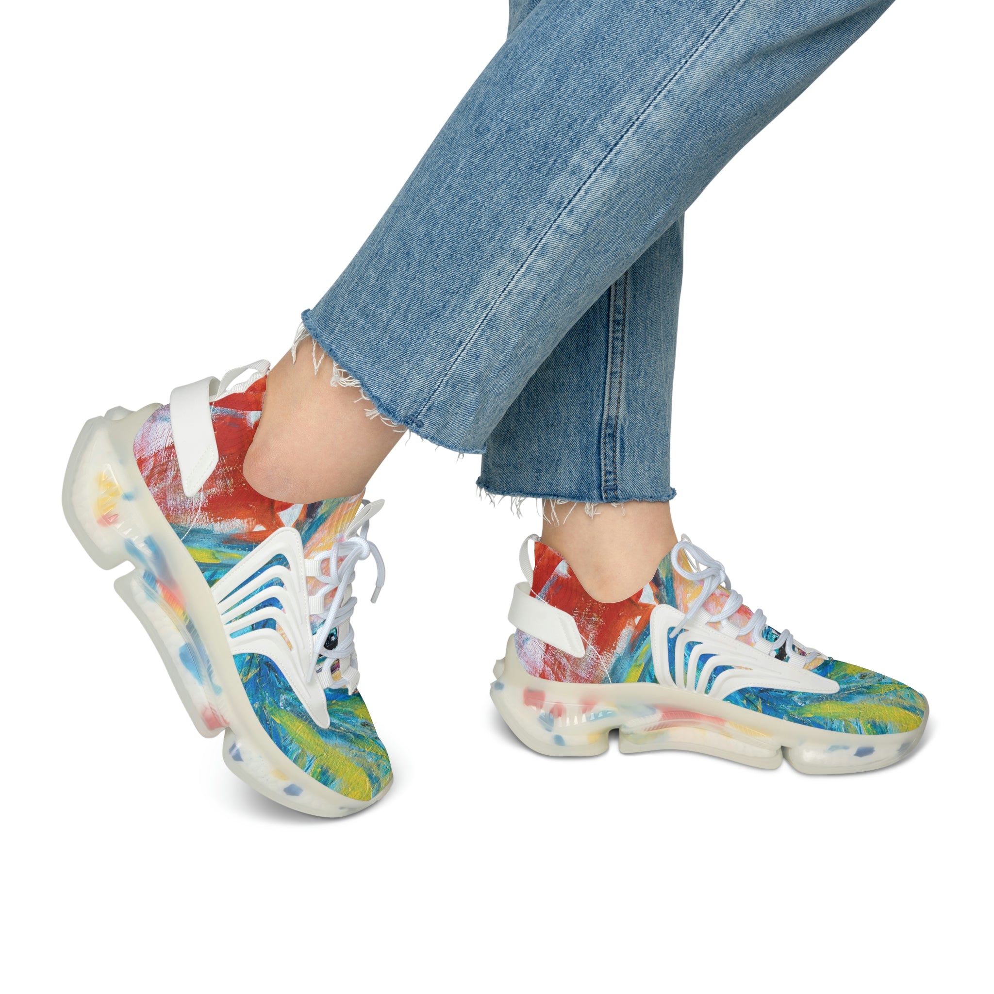 Mesh Women's Low Top Sneakers, Art On Shoes, Abstract Woman Painted By A Professional Abstract Painting Artist