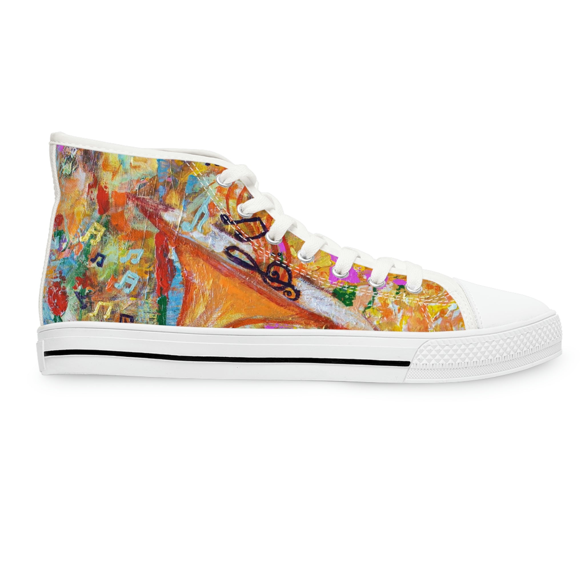 Women's High Top Sneakers, Art On Shoes, Abstract Spring With Elements Of Musik Painted By A Professional Abstract Painting Artist