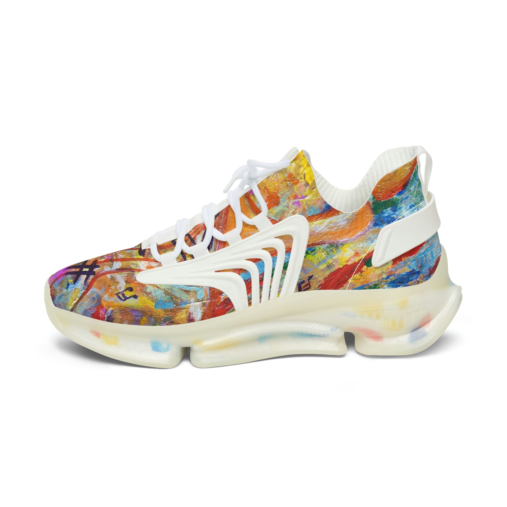 Mesh Women's Low Top Sneakers, Art On Shoes, Gold Colors Of Abstract Meadow With FlowersPainted By A Professional Abstract Painting Artist