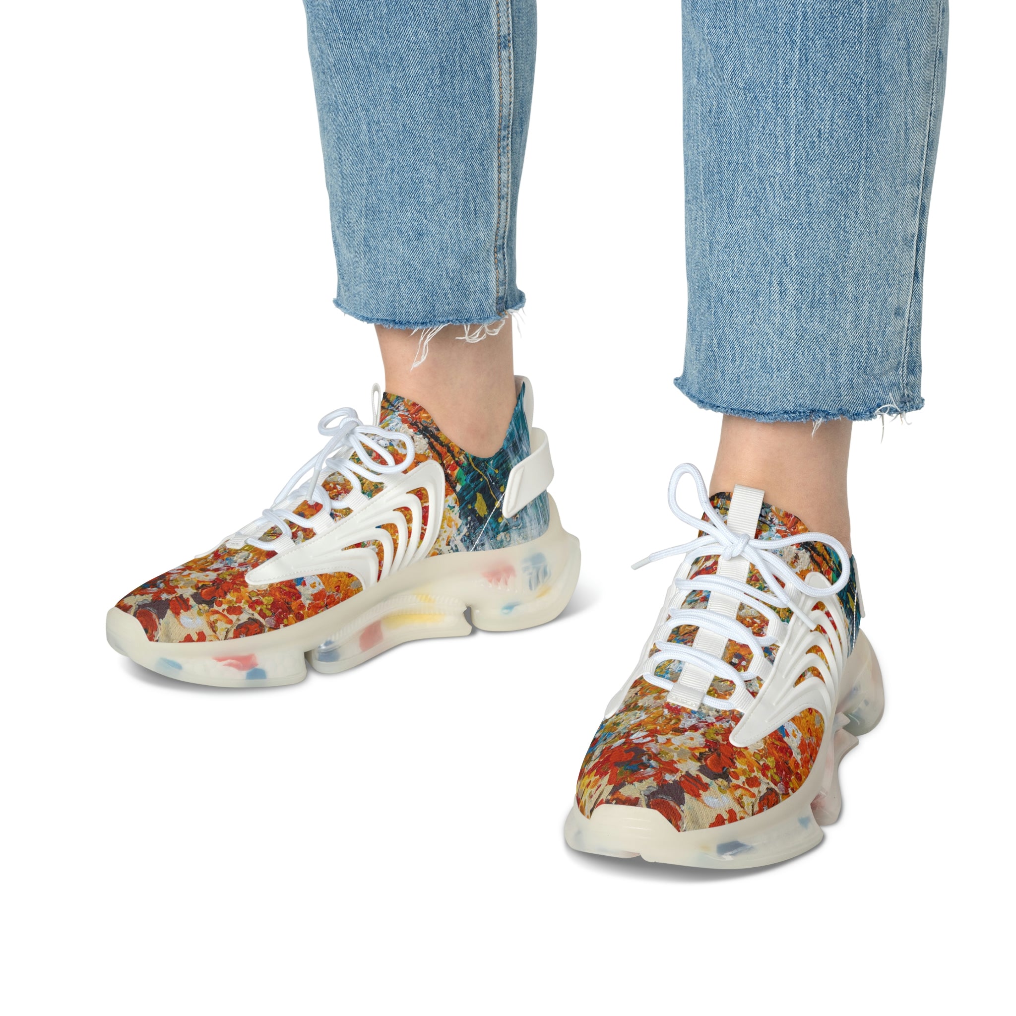 Mesh Women's Low Top Sneakers, Art On Shoes, Abstract Flowers Painted By A Professional Abstract Painting Artist