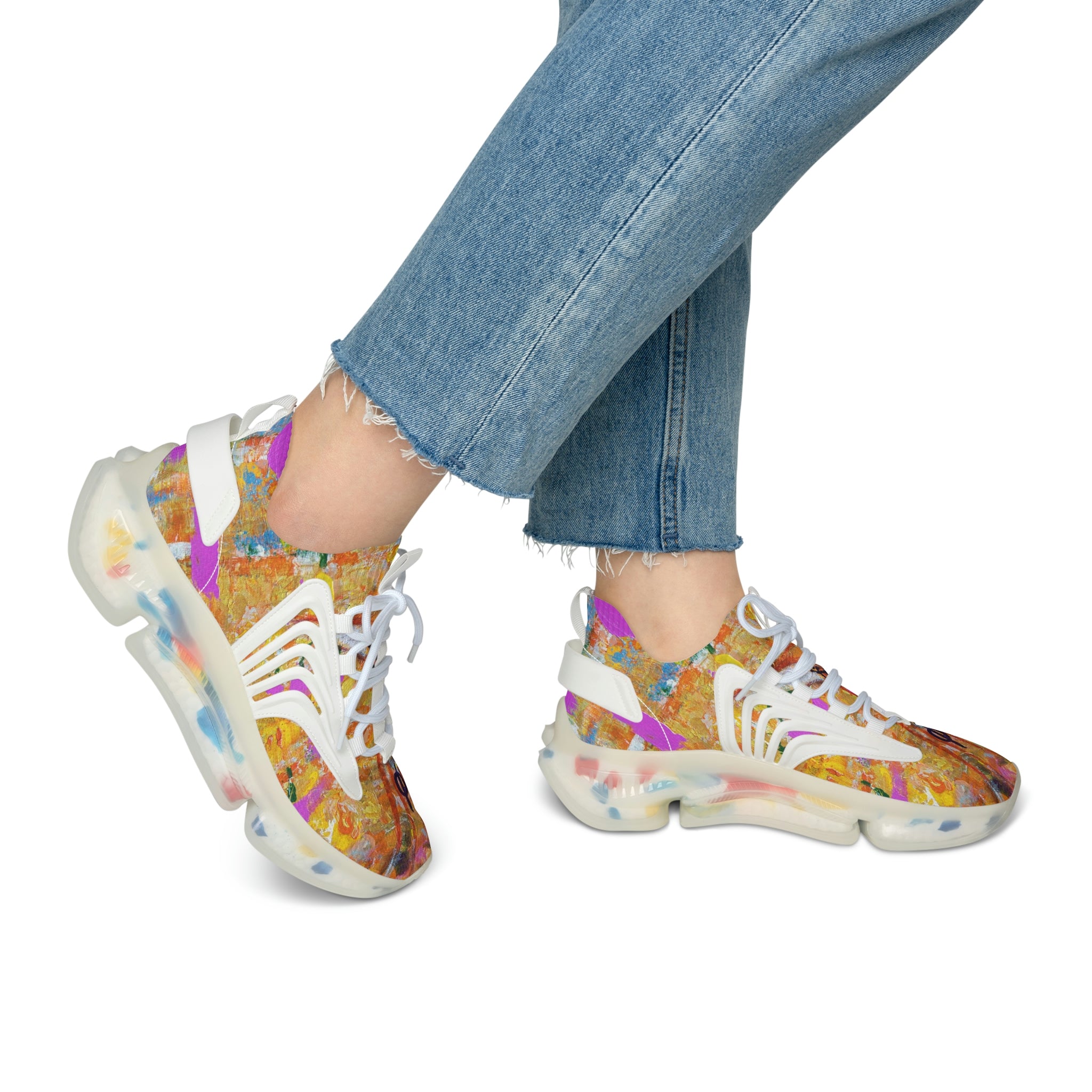 Mesh Women's Low Top Sneakers, Art On Shoes, Gold Colors Of Abstract Meadow With FlowersPainted By A Professional Abstract Painting Artist