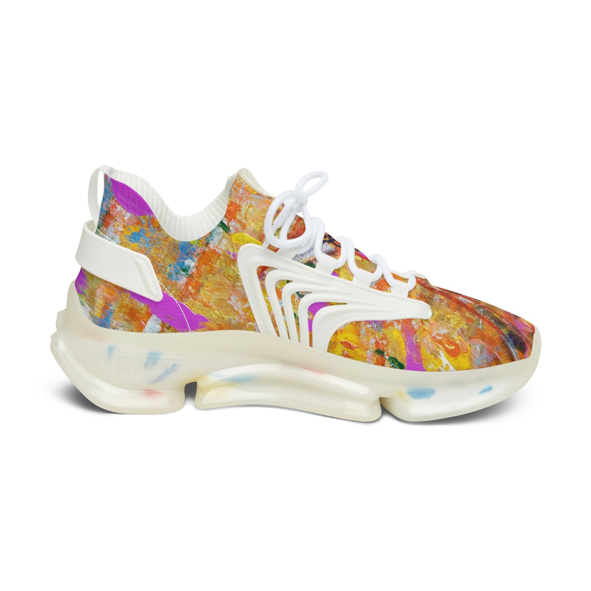 Mesh Women's Low Top Sneakers, Art On Shoes, Gold Colors Of Abstract Meadow With FlowersPainted By A Professional Abstract Painting Artist