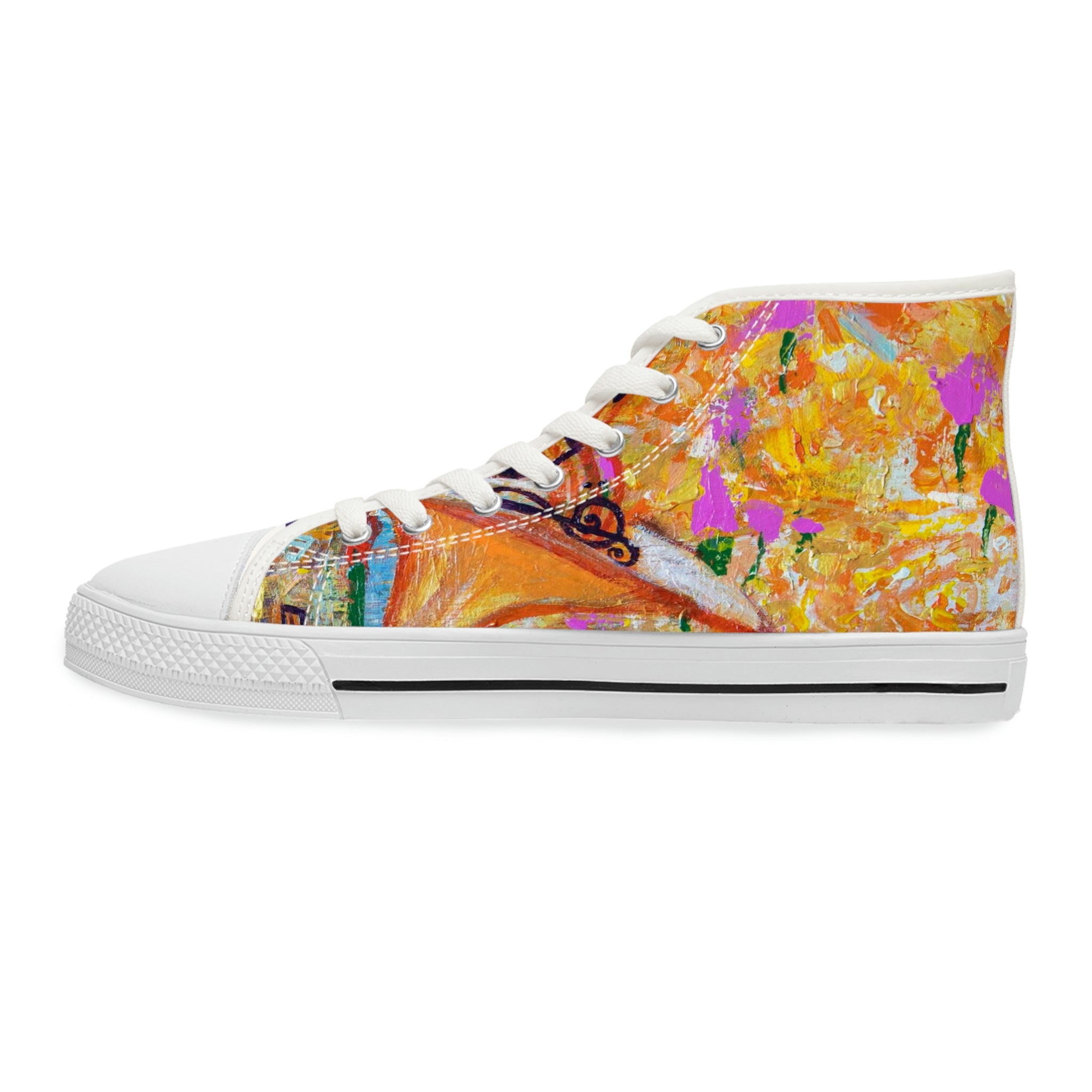 Women's High Top Sneakers, Art On Shoes, Abstract Spring With Elements Of Musik Painted By A Professional Abstract Painting Artist