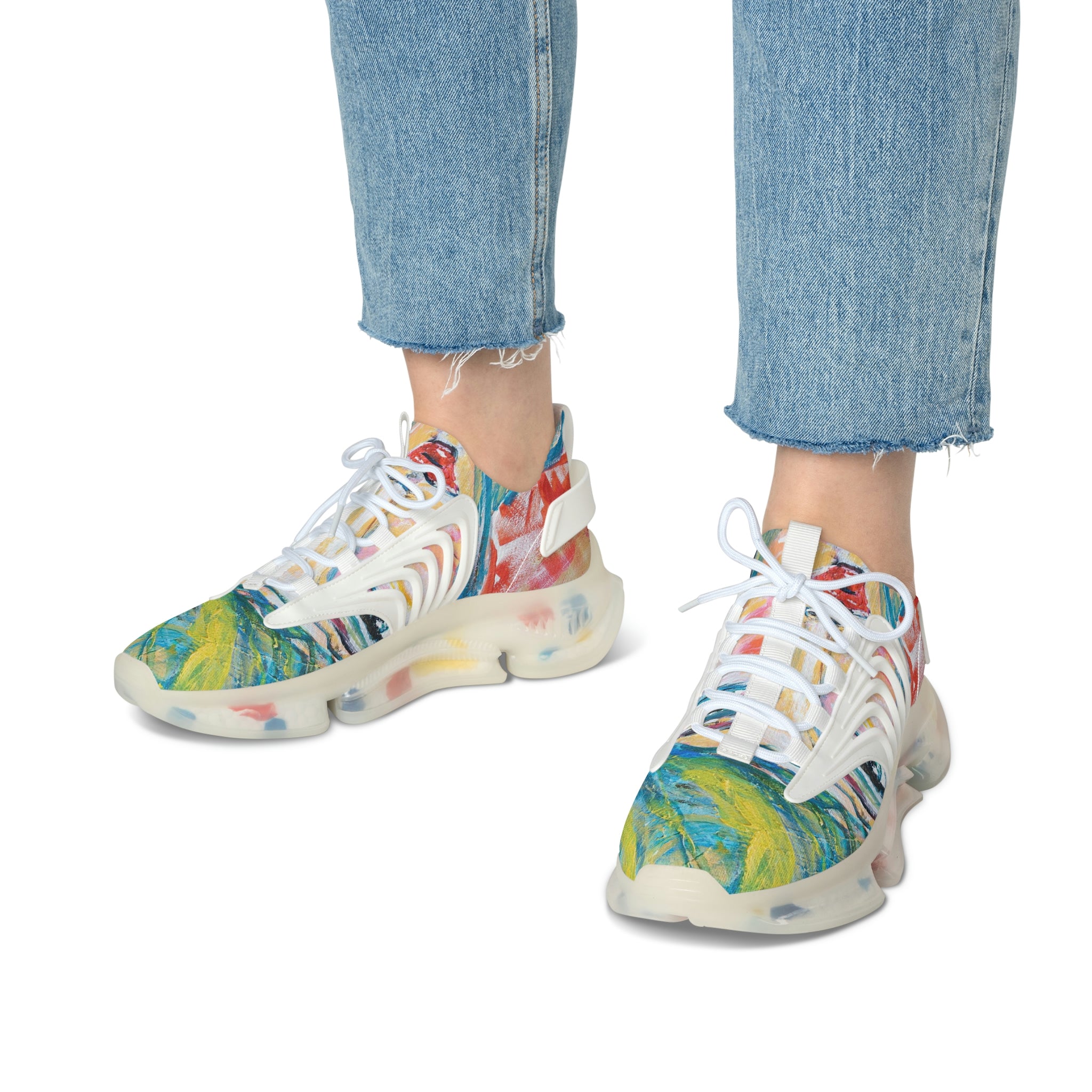 Mesh Women's Low Top Sneakers, Art On Shoes, Abstract Woman Painted By A Professional Abstract Painting Artist