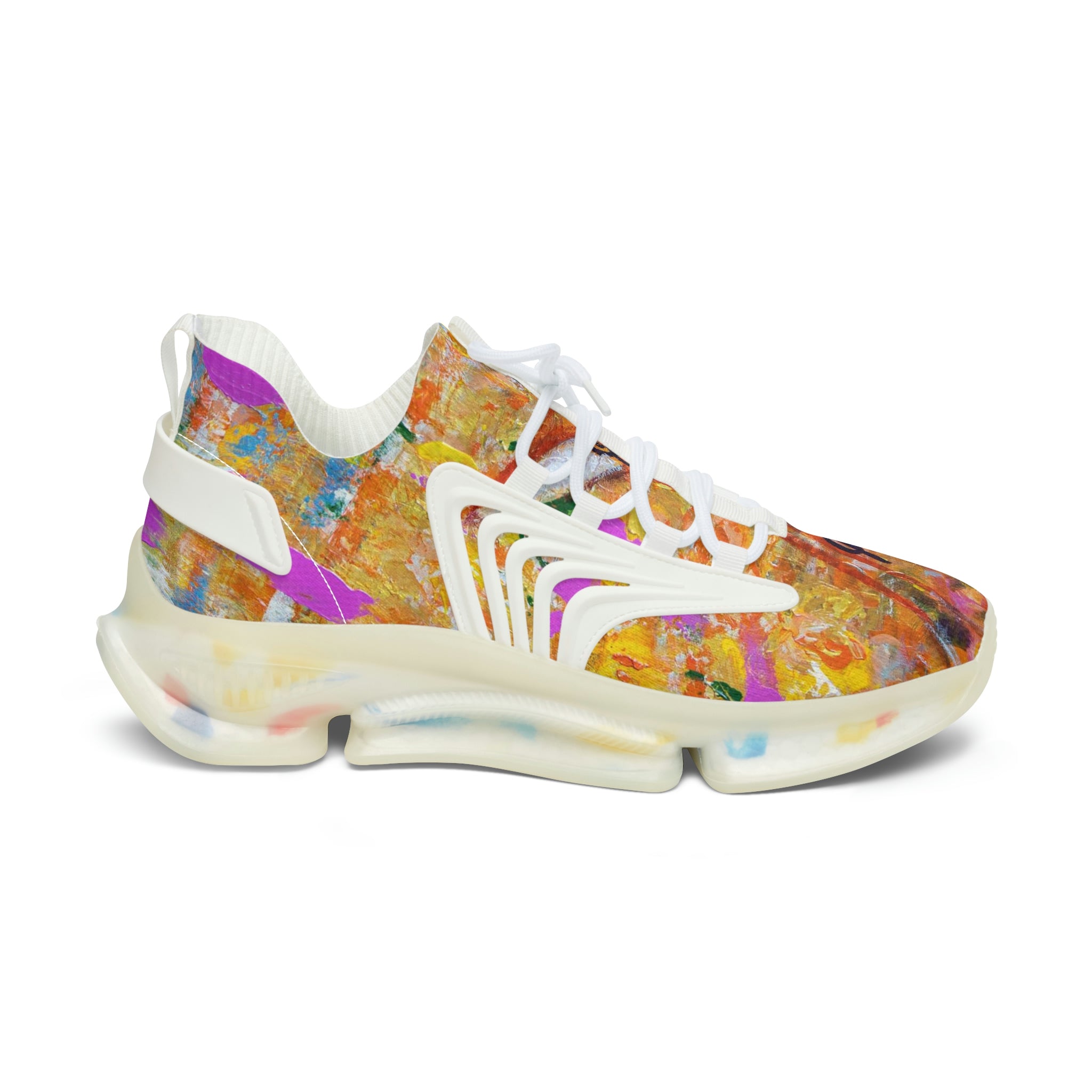 Mesh Women's Low Top Sneakers, Art On Shoes, Gold Colors Of Abstract Meadow With FlowersPainted By A Professional Abstract Painting Artist