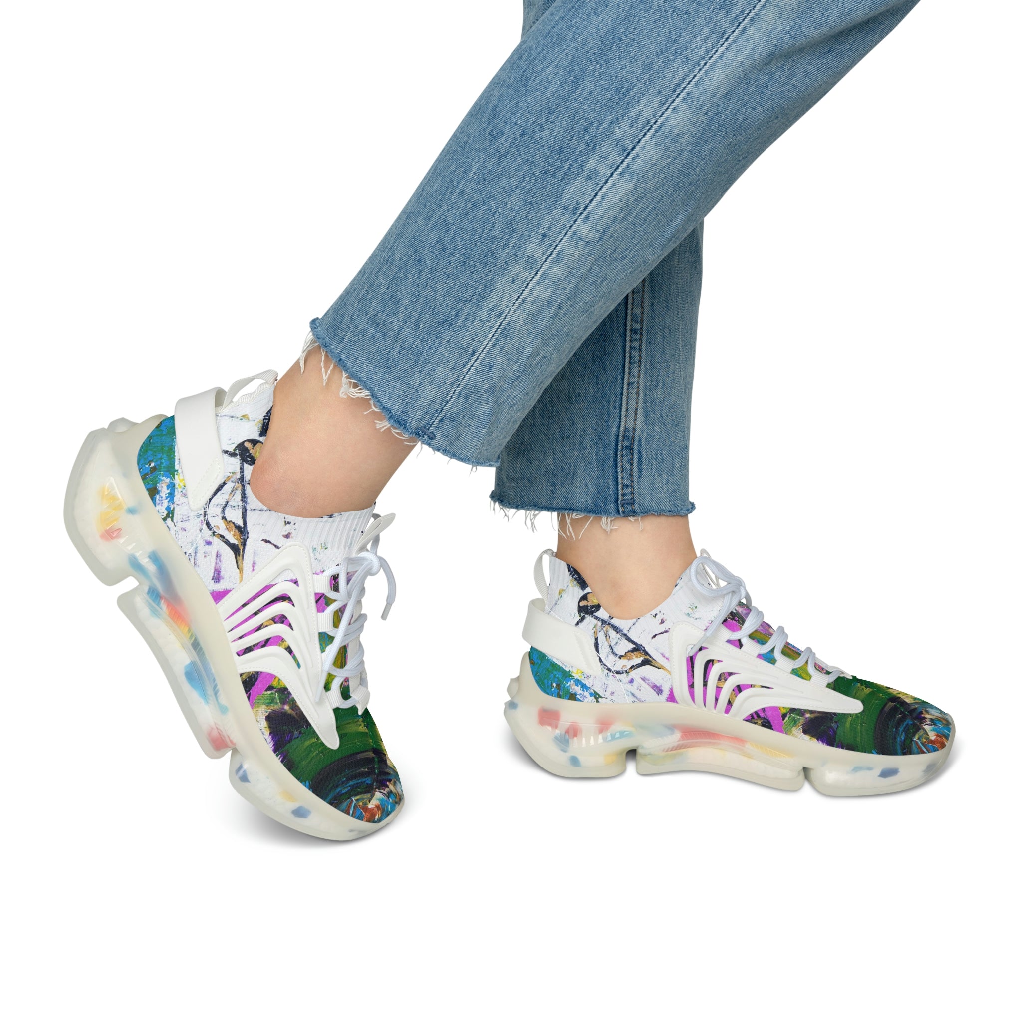 Mesh Women's Low Top Sneakers, Art On Shoes, Abstract Music Perception Painted By A Professional Abstract Painting Artist