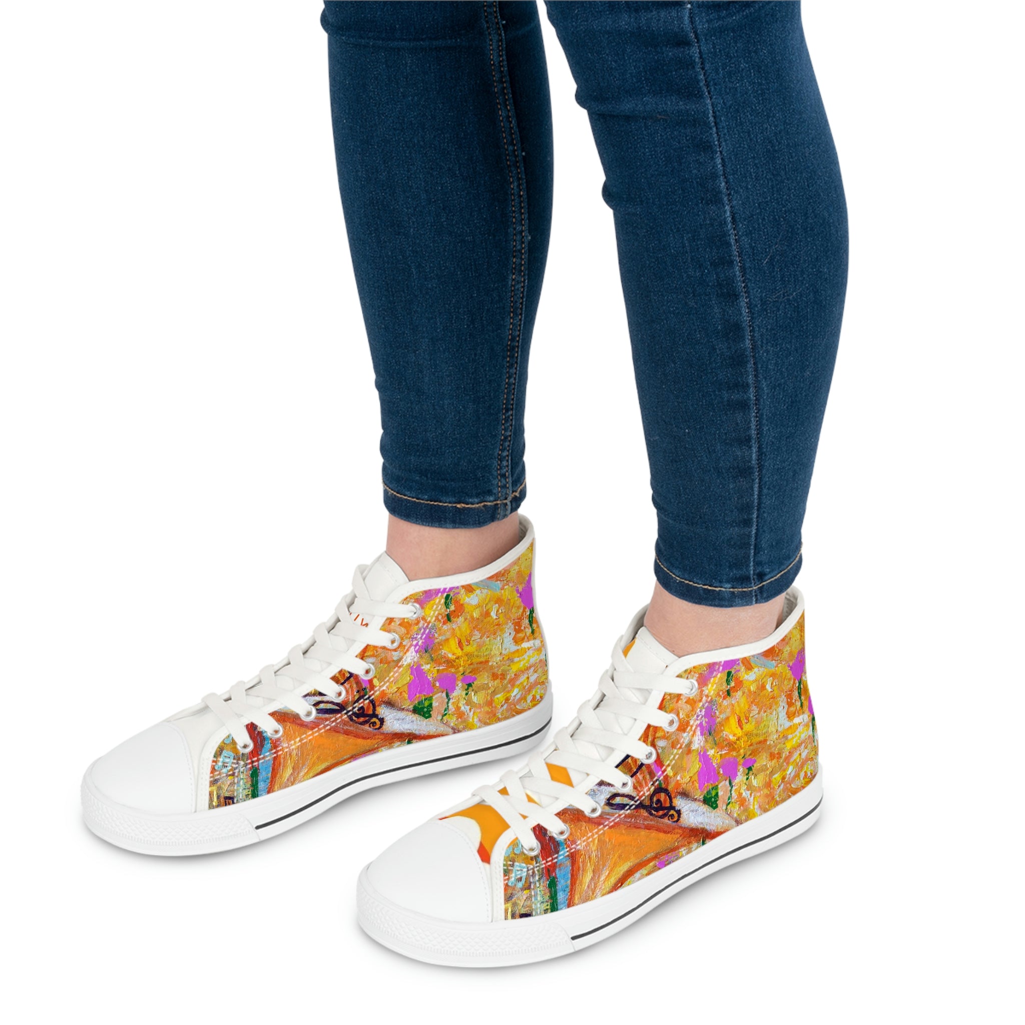 Women's High Top Sneakers, Art On Shoes, Abstract Spring With Elements Of Musik Painted By A Professional Abstract Painting Artist