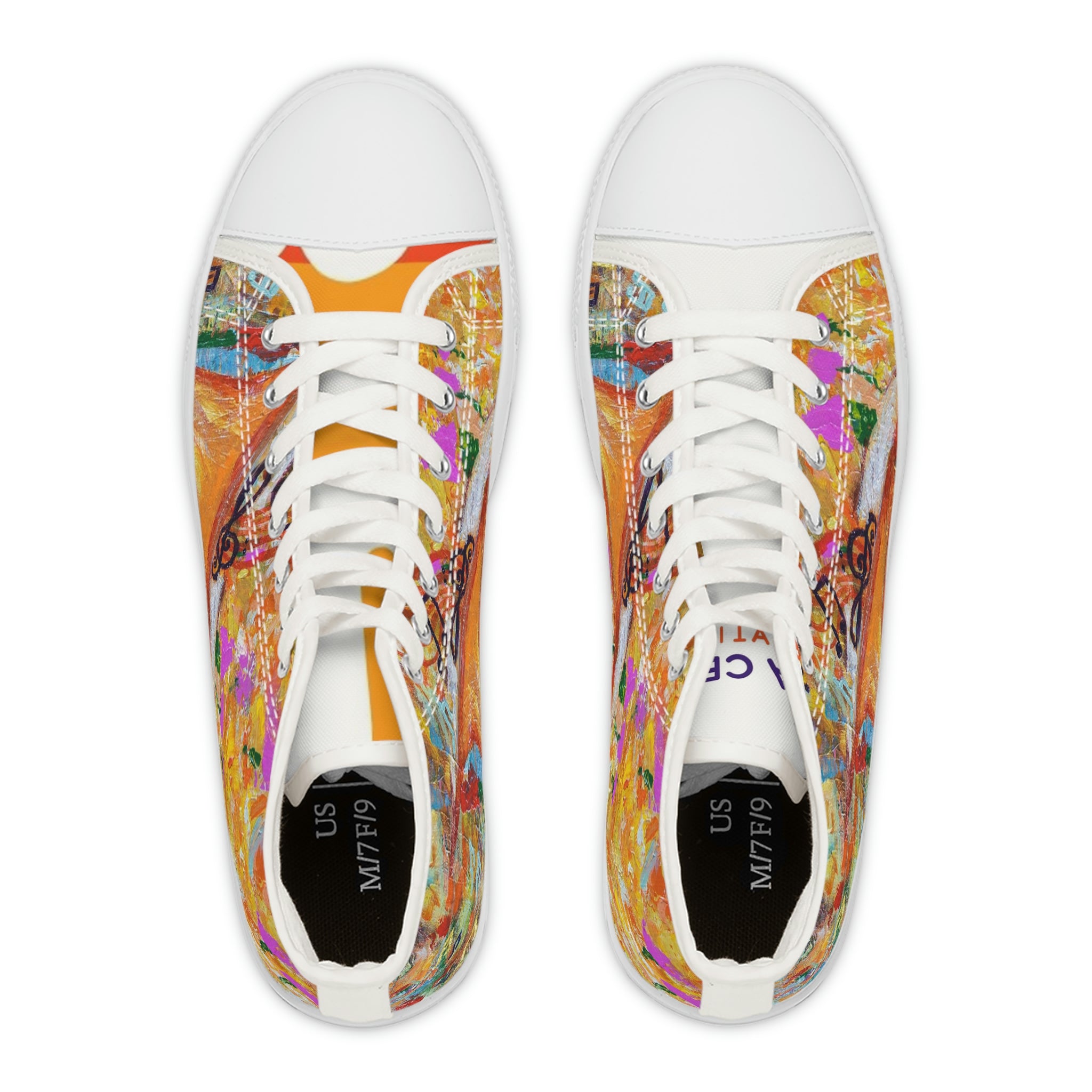 Women's High Top Sneakers, Art On Shoes, Abstract Spring With Elements Of Musik Painted By A Professional Abstract Painting Artist