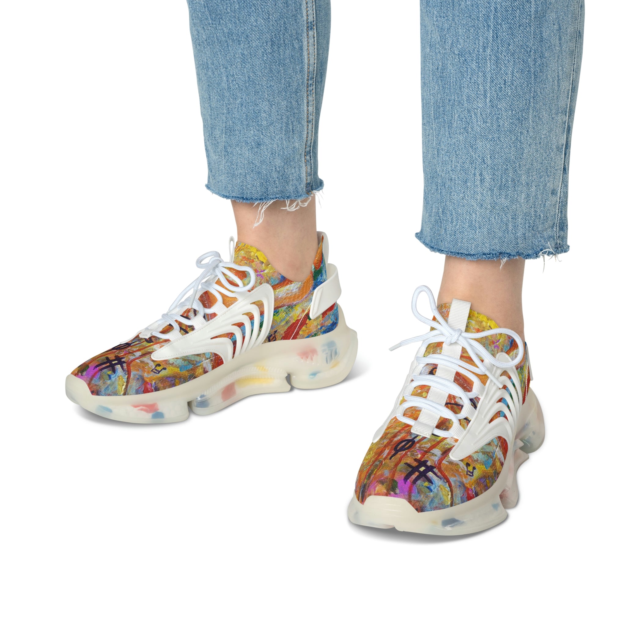 Mesh Women's Low Top Sneakers, Art On Shoes, Gold Colors Of Abstract Meadow With FlowersPainted By A Professional Abstract Painting Artist