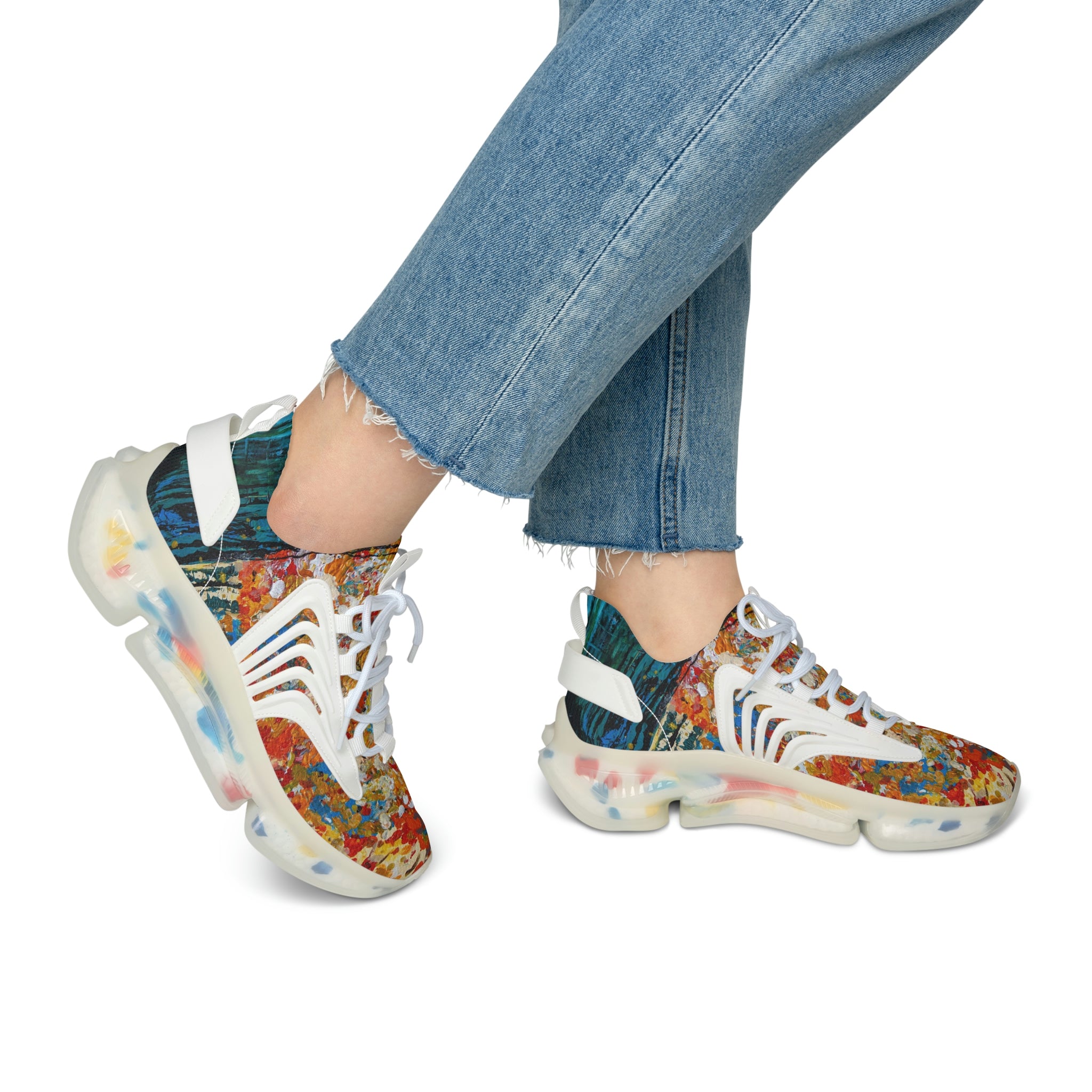 Mesh Women's Low Top Sneakers, Art On Shoes, Abstract Flowers Painted By A Professional Abstract Painting Artist