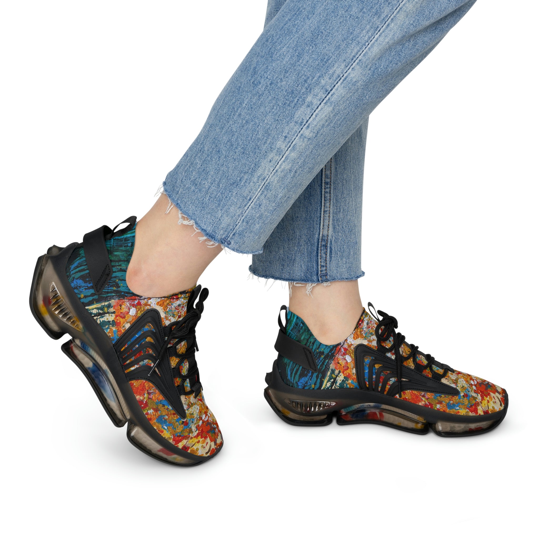 Mesh Women's Low Top Sneakers, Art On Shoes, Abstract Flowers Painted By A Professional Abstract Painting Artist