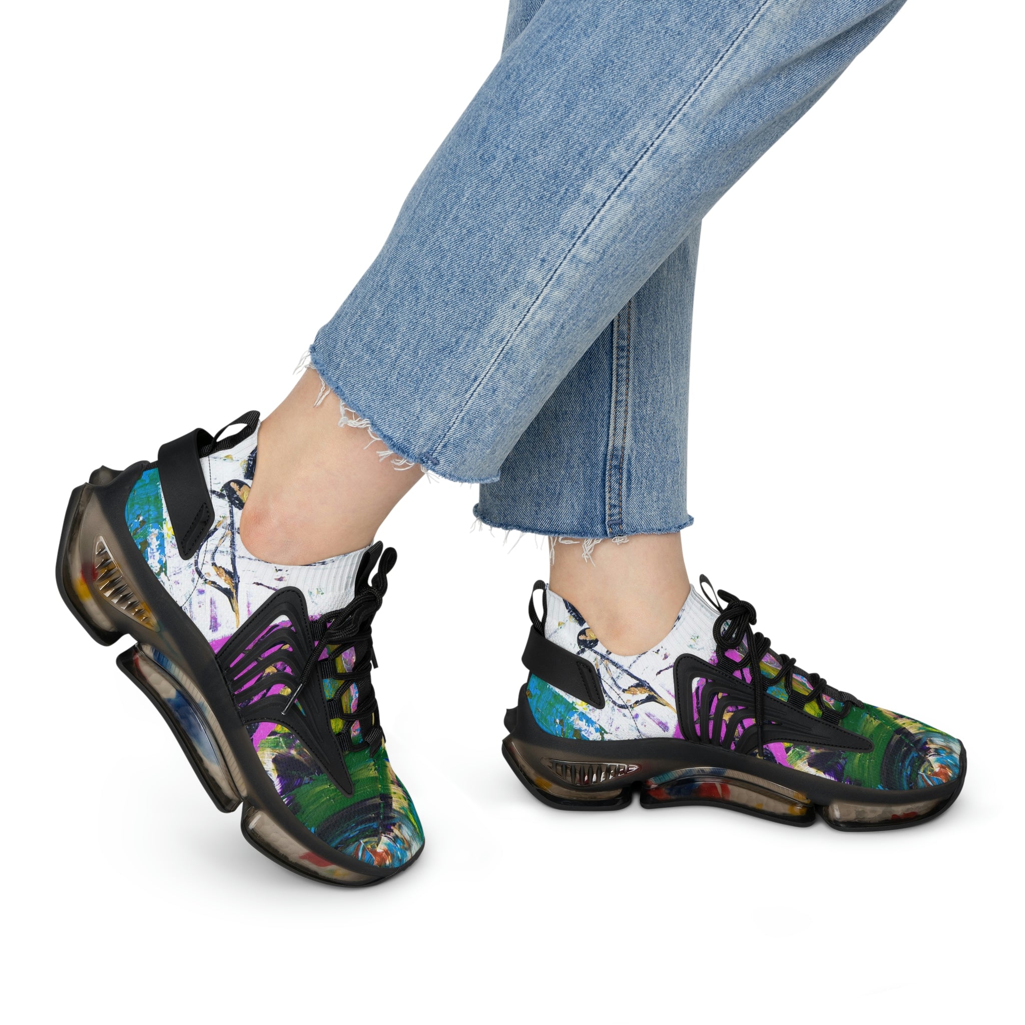 Mesh Women's Low Top Sneakers, Art On Shoes, Abstract Music Perception Painted By A Professional Abstract Painting Artist